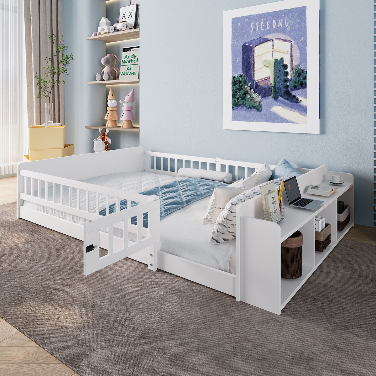 Houten kinderbed met opbergvakken, legborden en deurpaneel - ruimtebesparend voor de kinderkamer - 140x200 cm - wit - massief grenen en MDF - modulair ontwerp - inclusief lattenbodem