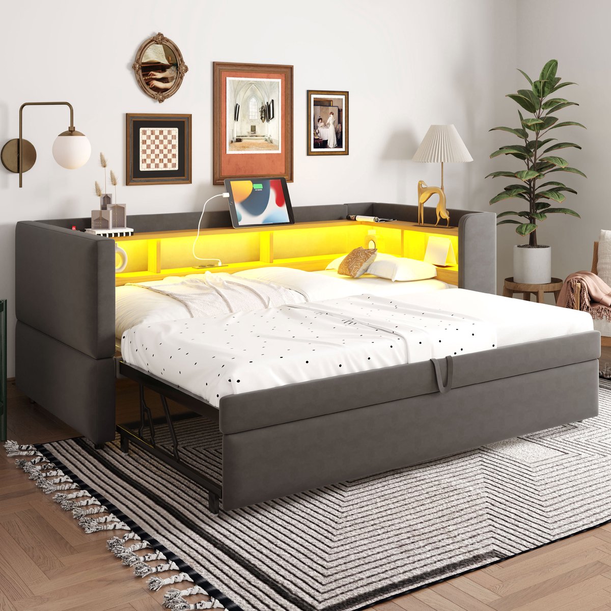 Uitschuifbare gestoffeerde slaapbank 90/180x190 cm - Met LED, stopcontacten en opbergvakken - Donkergrijs - Multifunctioneel, geschikt als een- of tweepersoonsbed