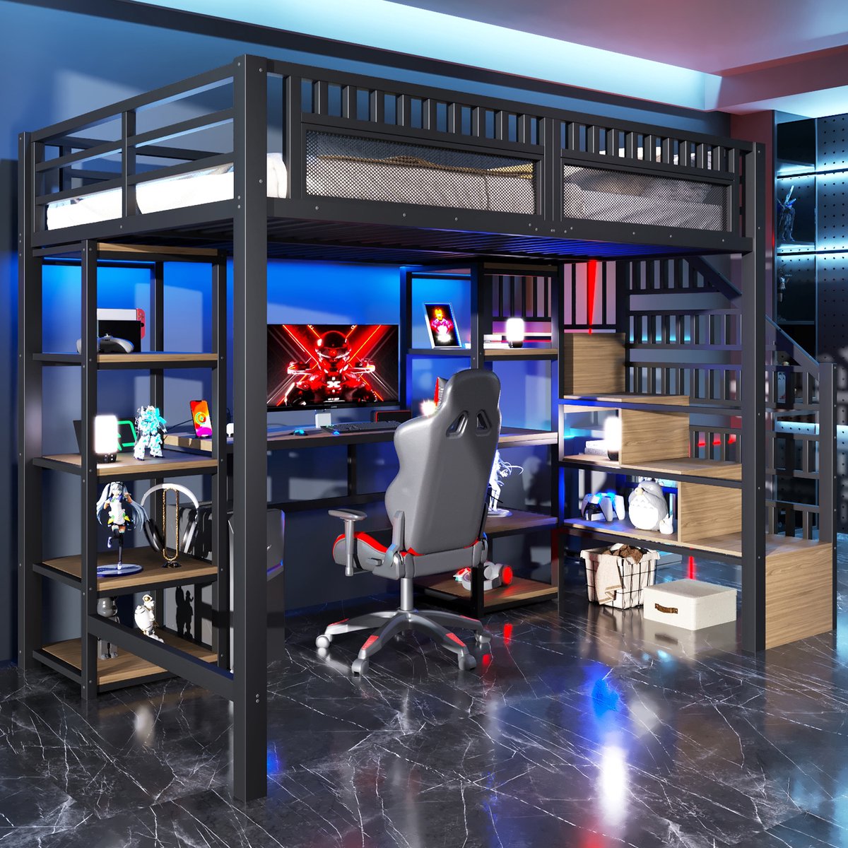 Metaal hoogslaper 140x200 cm - compleet werkstation met bureau en opbergtrap - eenpersoons - zwart - app-gestuurde LED-strip en USB-poort - stevig stalen frame tot 250 kg
