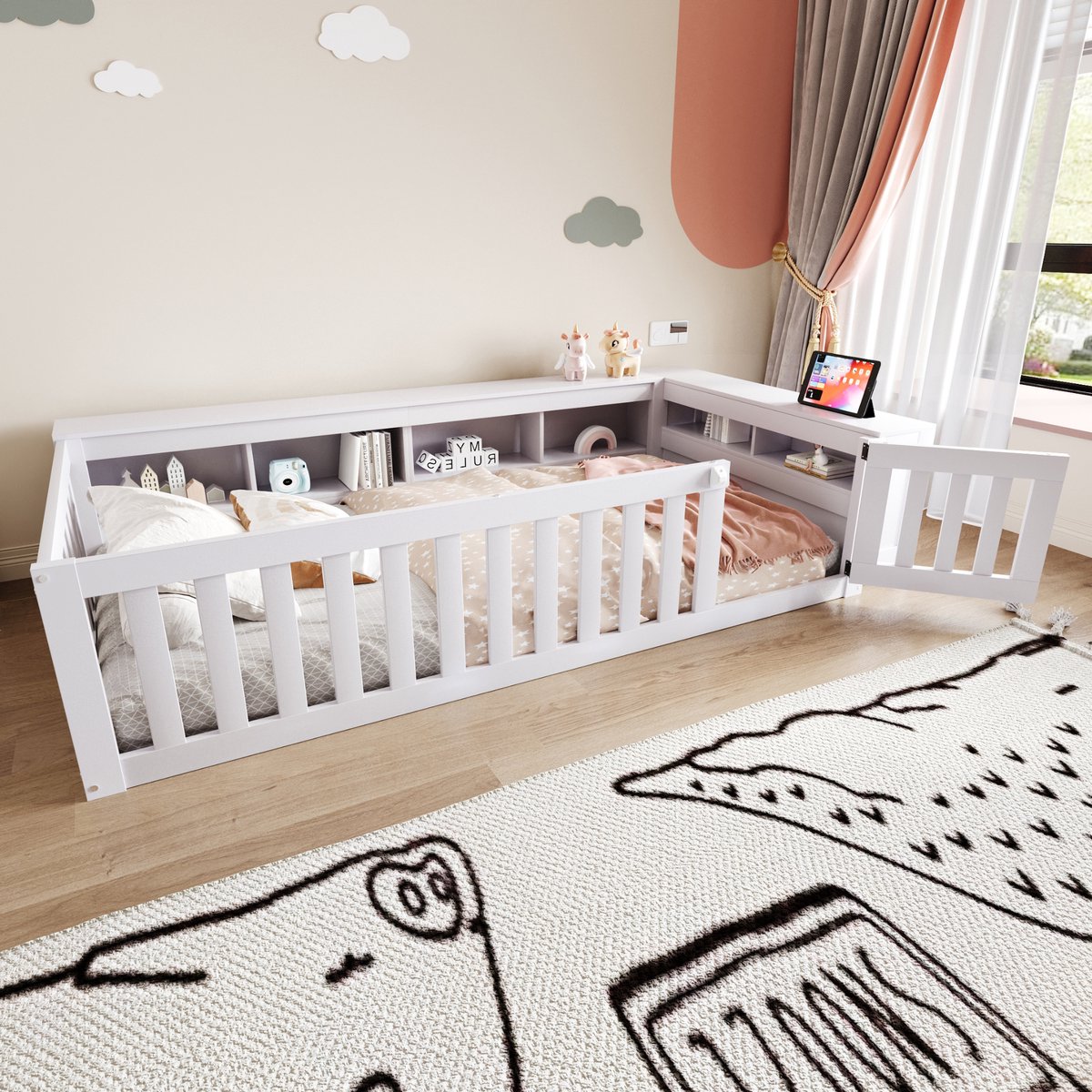 Multifunctioneel kinderbed met opbergvakken en veiligheidsdeur - 90x200 cm eenpersoons - wit - massief houten frame met lattenbodem - rondom beveiliging met afsluitbaar hekje