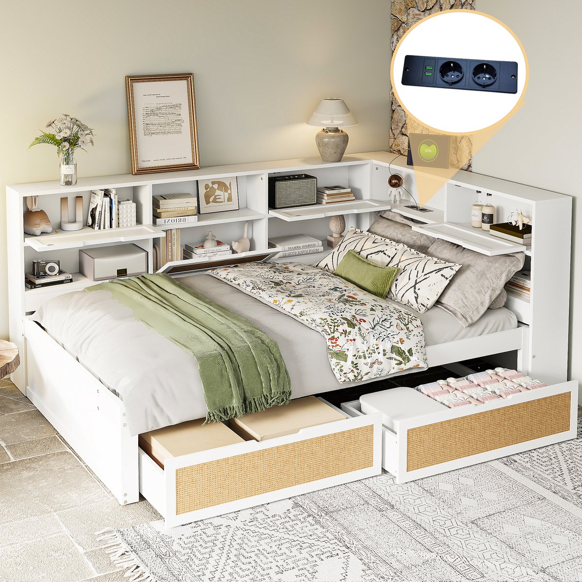 Massief houten slaapbank 140x200 cm - multifunctioneel eenpersoons- en kinderbed - wit - USB en Type-C oplaadpoorten - vele opberglades en -vakken - stevig grenen frame - lattenbodem inbegrepen