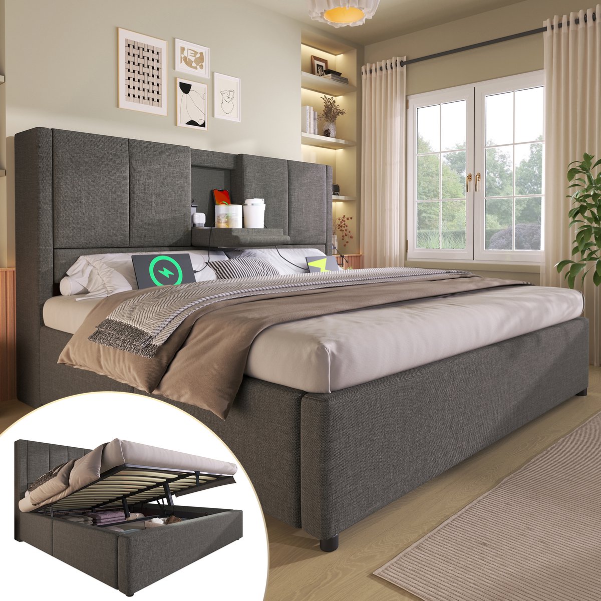 Gestoffeerd bed 140x200 cm - met verborgen bekerhouder en laadstation - tweepersoons - grijs linnen - hydraulische opbergruimte - 4 USB/Type-C snellaadpoorten - geluiddempende EVA-pads