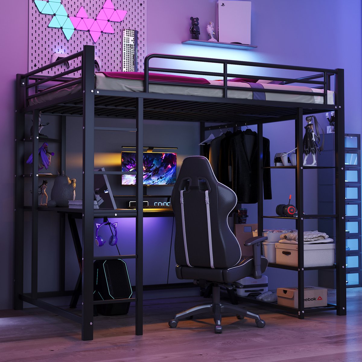 Metalen hoogslaper - Multifunctioneel slaap- en werkmeubel met bureau en kledingrek - 140x200 cm - 1 persoon - Zwart - Ladder, opbergvakken en eenvoudige kleerhangers - Robuust stalen frame tot 120 kg