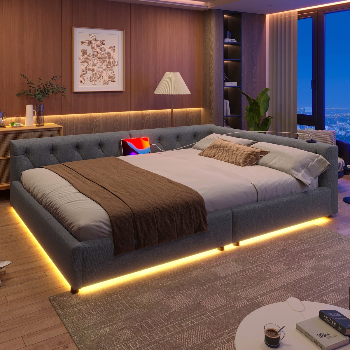 Gestoffeerd dagbed 140x200 cm met LED, USB-C en knoopdesign - stijlvolle slaapbank voor logeerkamer of studio - grijs linnen - 7-kleuren sfeerverlichting met afstandsbediening - inclusief lattenbodem