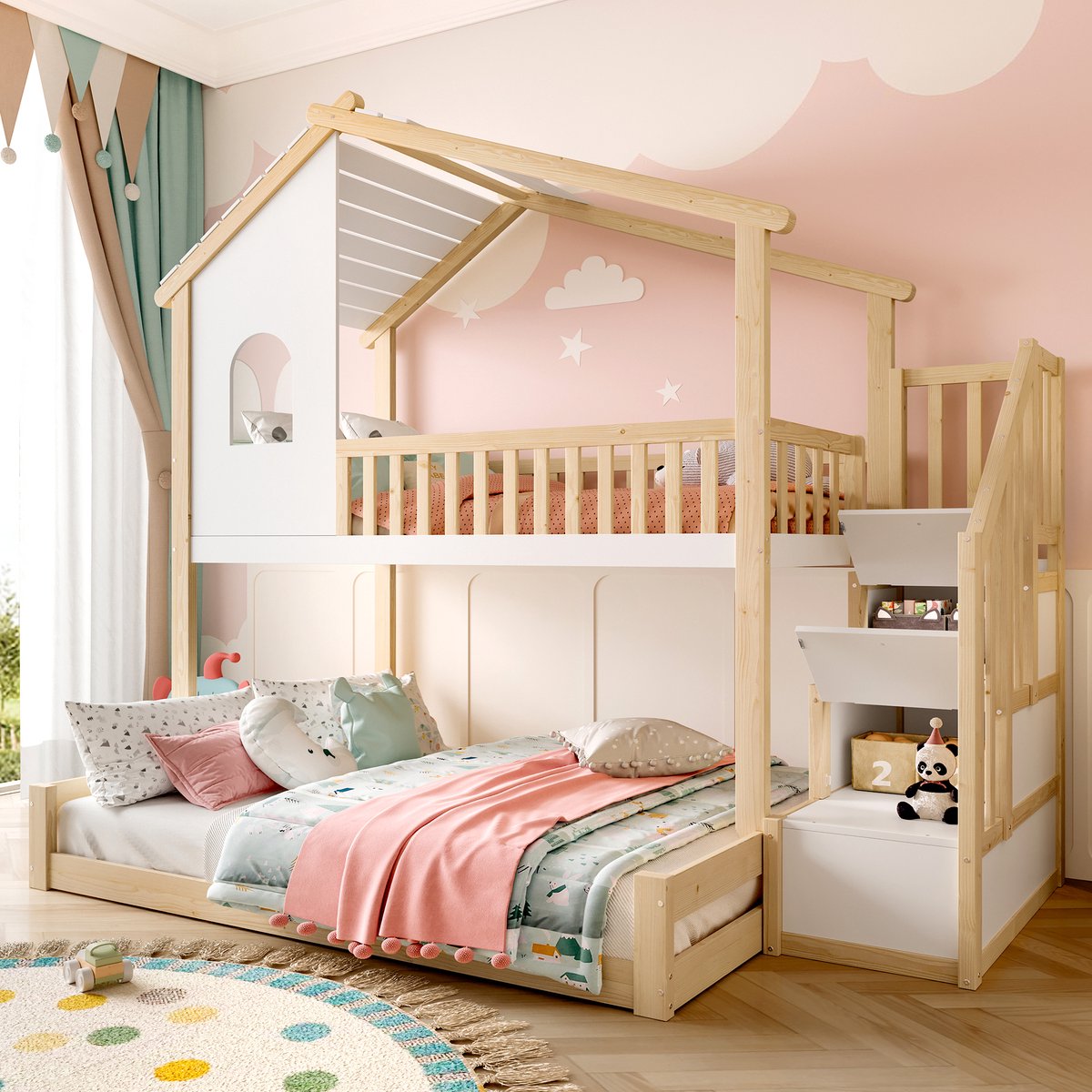 Huisbed stapelbed met opbergleiter en daklijst - 90x200 en 140x200 cm tweepersoons - naturel wit - met raam en valbeveiliging - massief grenen - stevig en duurzaam - inclusief lattenbodem