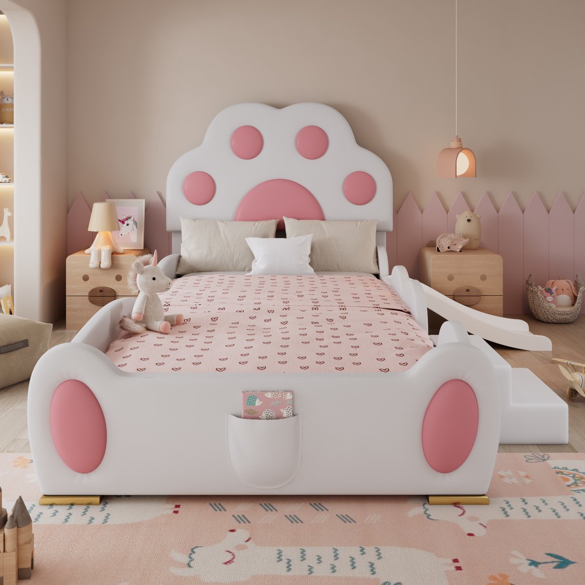 Gestoffeerd kinderbed - met kattenpoot-hoofdeinde en glijbaan - 90x200 cm - Wit + roze PU - Inclusief glijbaan en tweeledige ladder - Opbergvak aan voeteneinde