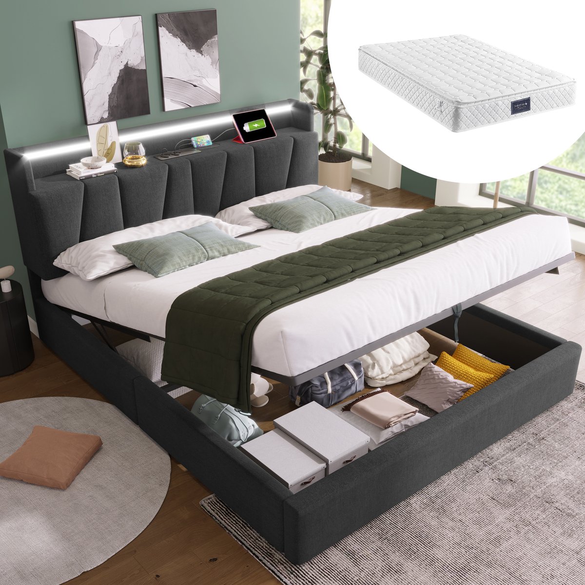 Gestoffeerd bed met matras 140x200 cm - tweepersoons met opbergkopbord, LED en USB - grijs linnen - 7-zones pocketveringmatras H3 - tot 200 kg