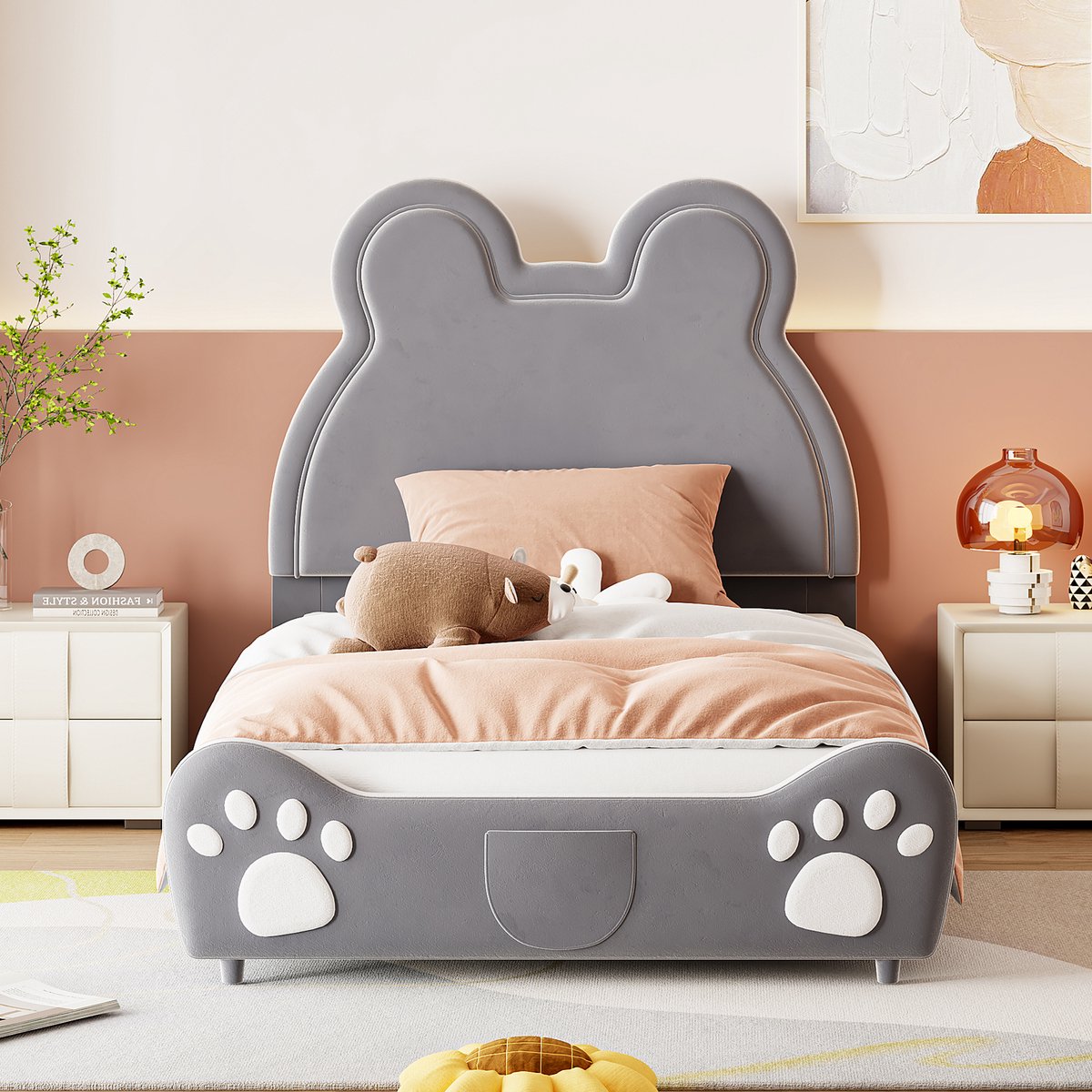 Kinderpolsterbed in berenvorm - Zachte fluwelen bekleding - 90x200 cm eenpersoons - Grijs - Geschikt als avontuurlijk kinder- of peuterbed
