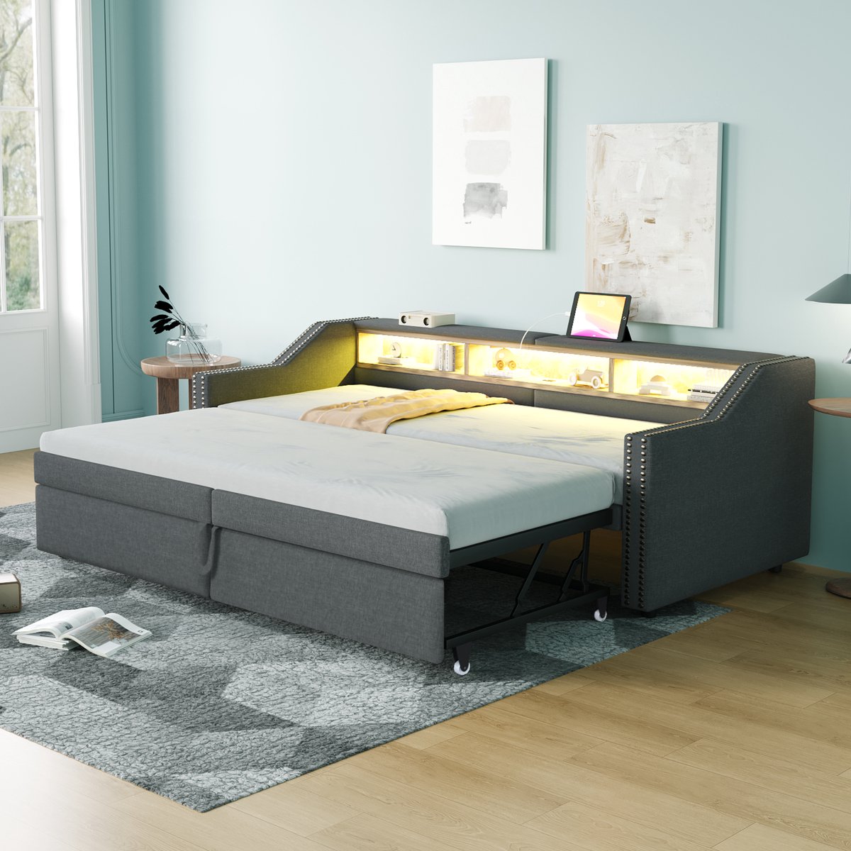 Uitschuifbare gestoffeerde slaapbank met LED en USB - ruimtebesparend voor logés - van 90x200 naar 180x200 cm - donkergrijs - met opbergvakken en klinknageldesign - lattenbodem inbegrepen