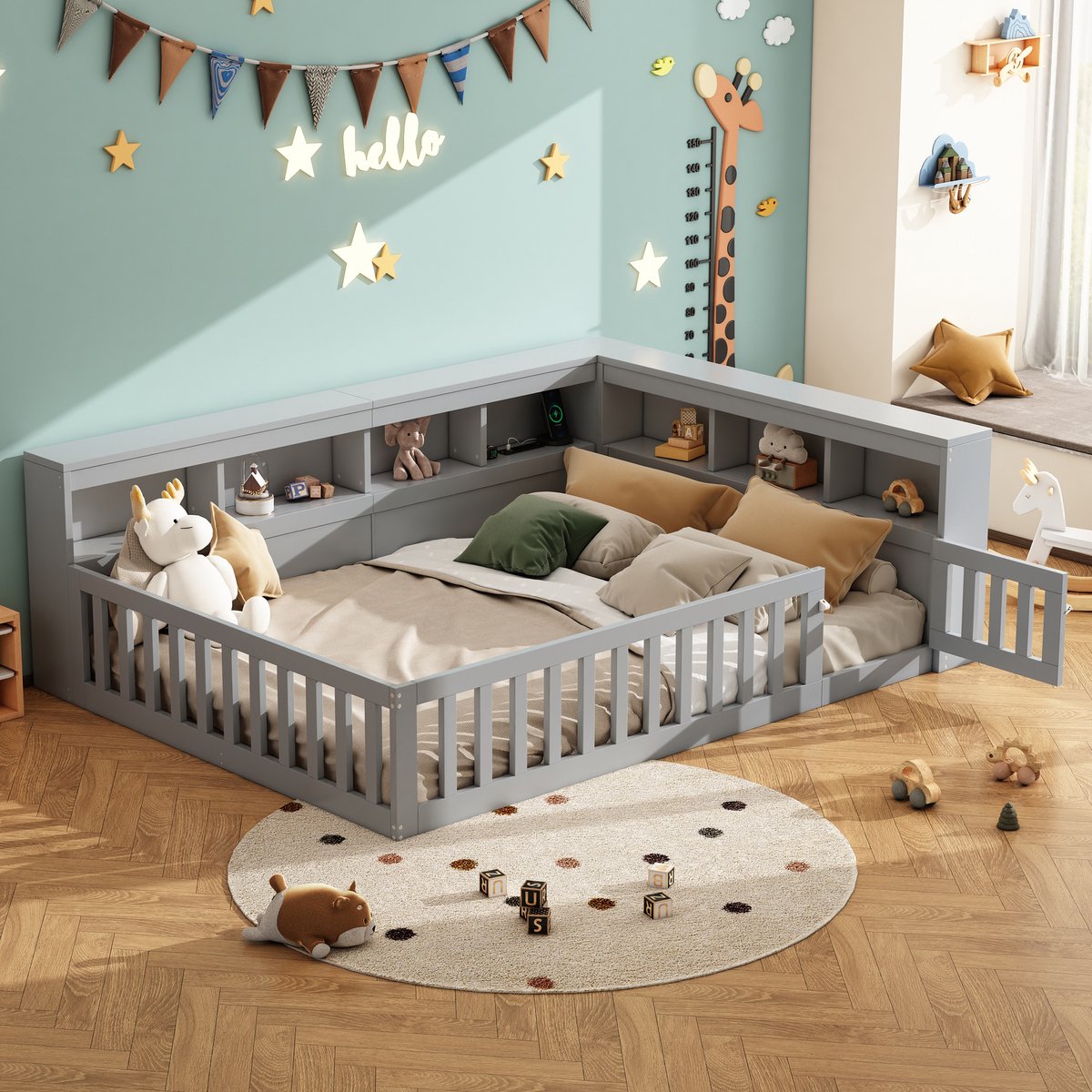 Dagbed 140x200 cm - tweepersoons slaapbank met USB-aansluiting en opbergvak - grijs - uitschuifbare veiligheidsrand en stopcontact - MDF en spaanplaat frame - inclusief lattenbodem - gemonteerd