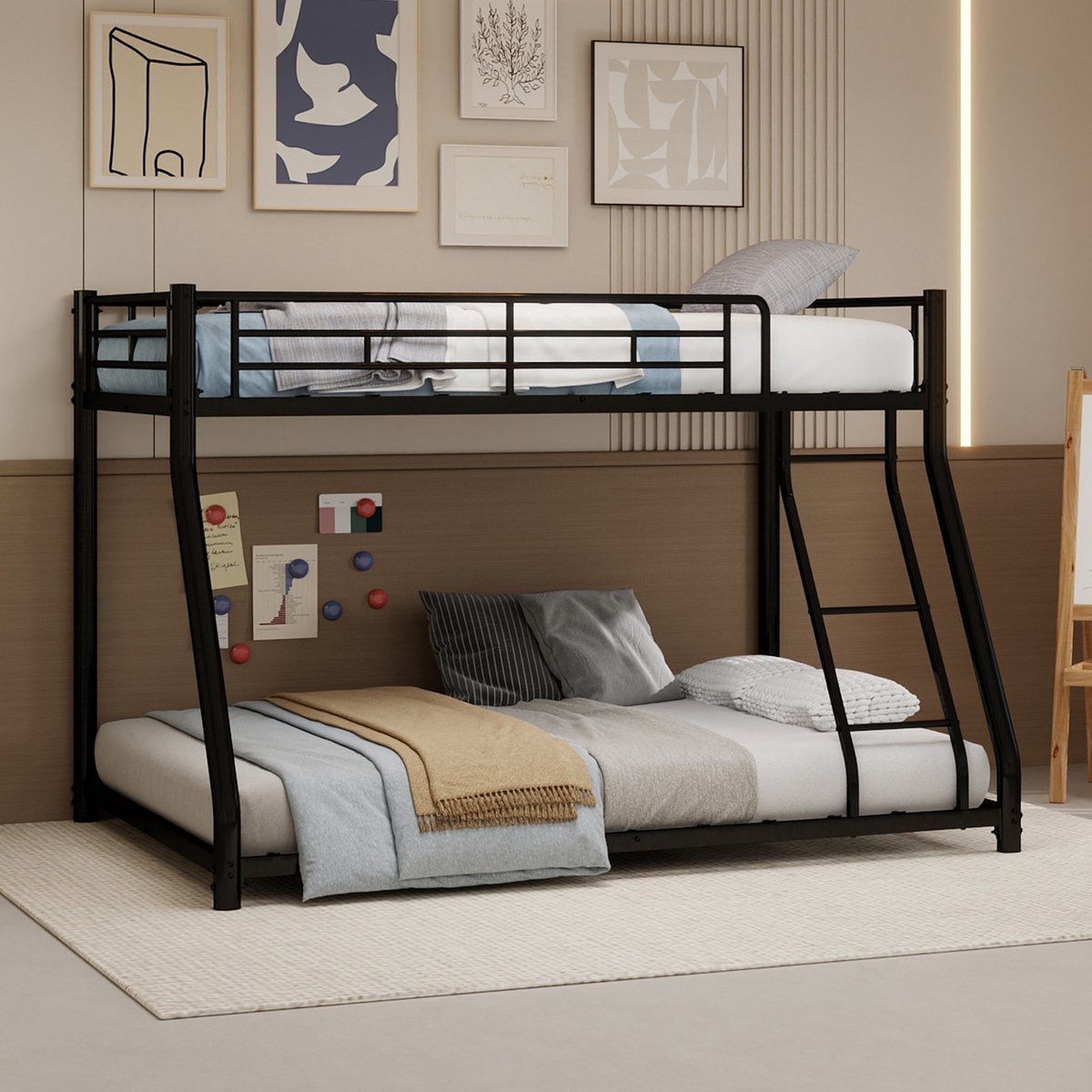 Metalen stapelbed 2-persoons - ruimtebesparend voor tieners en volwassenen - 90x190 cm boven en 140x190 cm onder - zwaar belastbaar tot 180 kg per bed - volledige valbeveiliging en stabiele ladder - geruisloos stalen frame