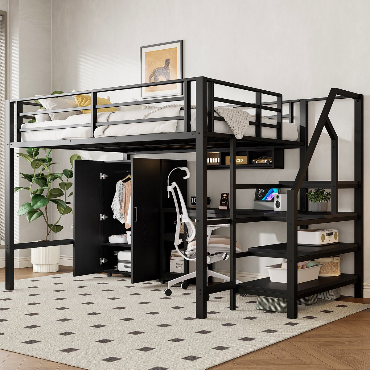 Metalen hoogslaper 140x200 cm - Multifunctioneel met kledingkast, bureau en opbergtrap - 1 persoon - Zwart - Stabiel stalen frame en MDF - Inclusief lattenbodem