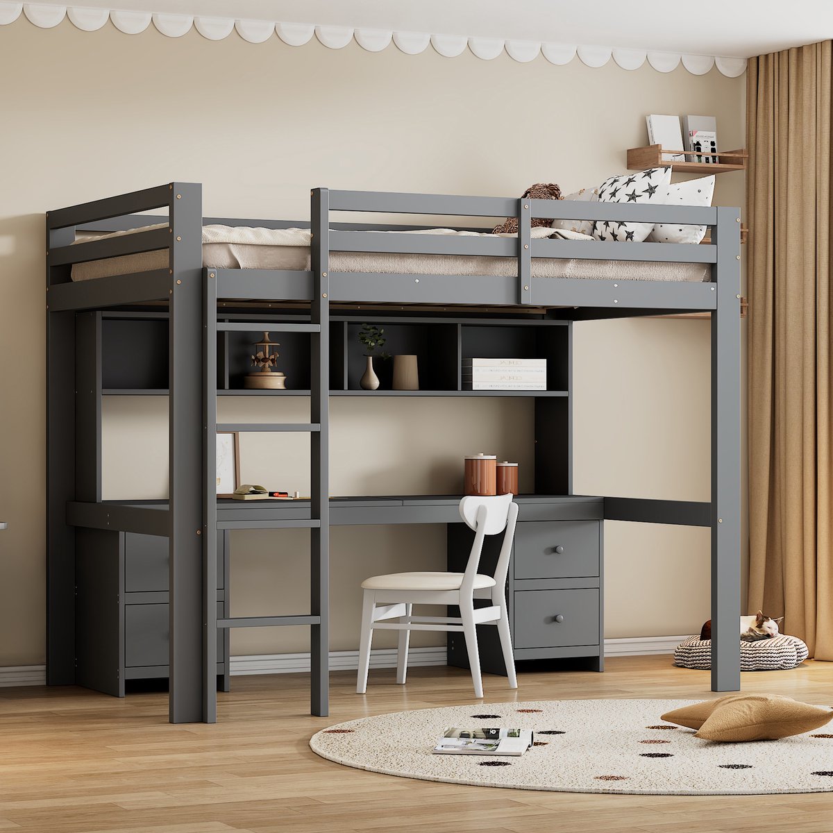 Kinderhoogslaper - Met bureau, 4 laden en 4 open vakken - 90x200 cm - 1 persoon - Grijs - Inclusief lattenbodem - Stabiele trap en hoog hek