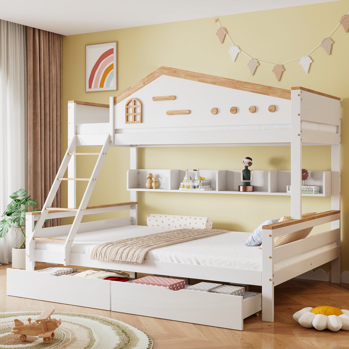 Houten stapelbed met opbergruimte - Flexibel slaap- en opbergsysteem - Bovenbed 90x200, onderbed 140x200 cm - voor 2 - Wit en naturel - Speels raam en schuine ladder - 2 uitschuifbare lades - Open legplanken en veiligheidshekken