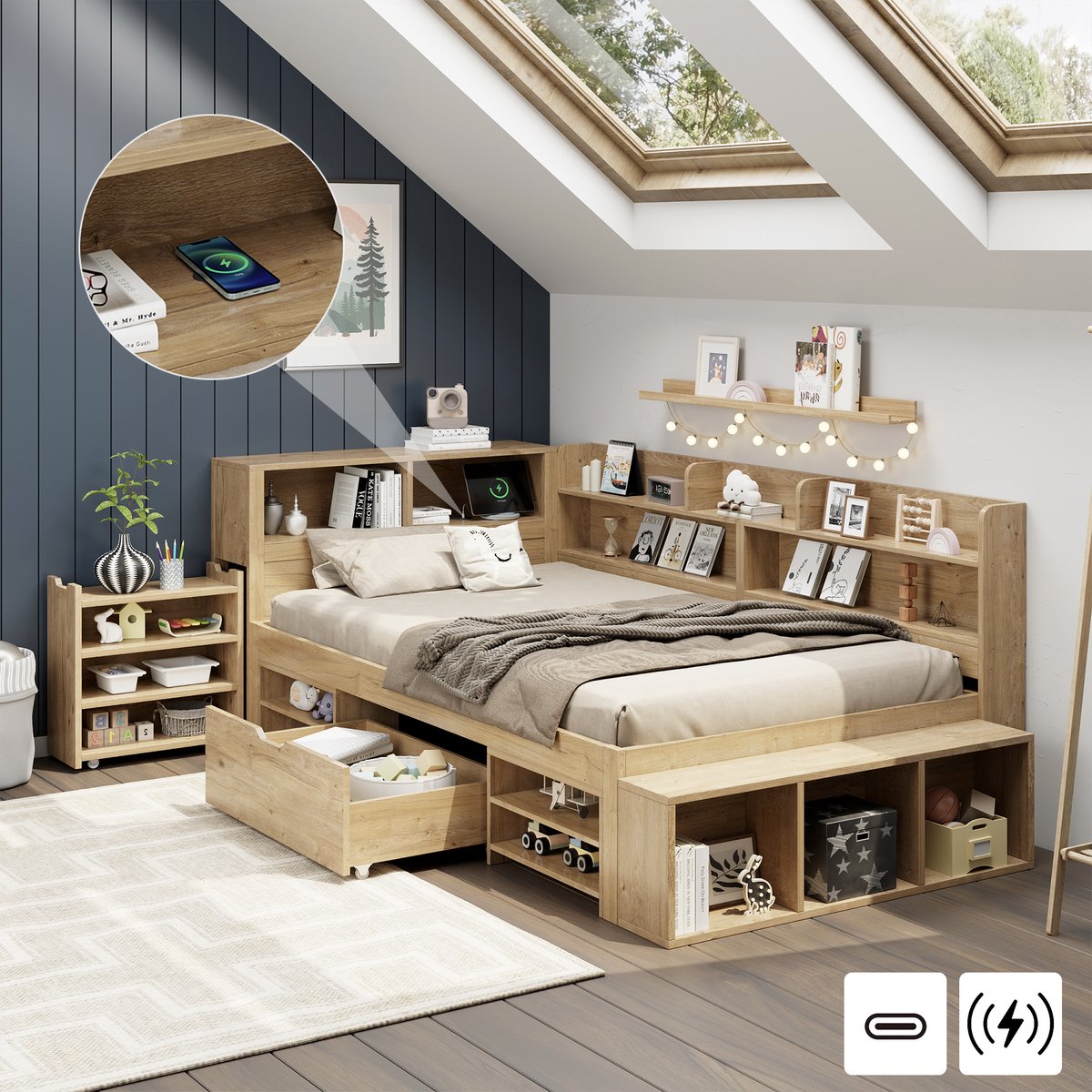 Kinder opbergbed met draadloze oplader - 90x200 cm eenpersoons - naturel - multifunctioneel met lades, kast en legplanken - inclusief lattenbodem - stevig multiplex