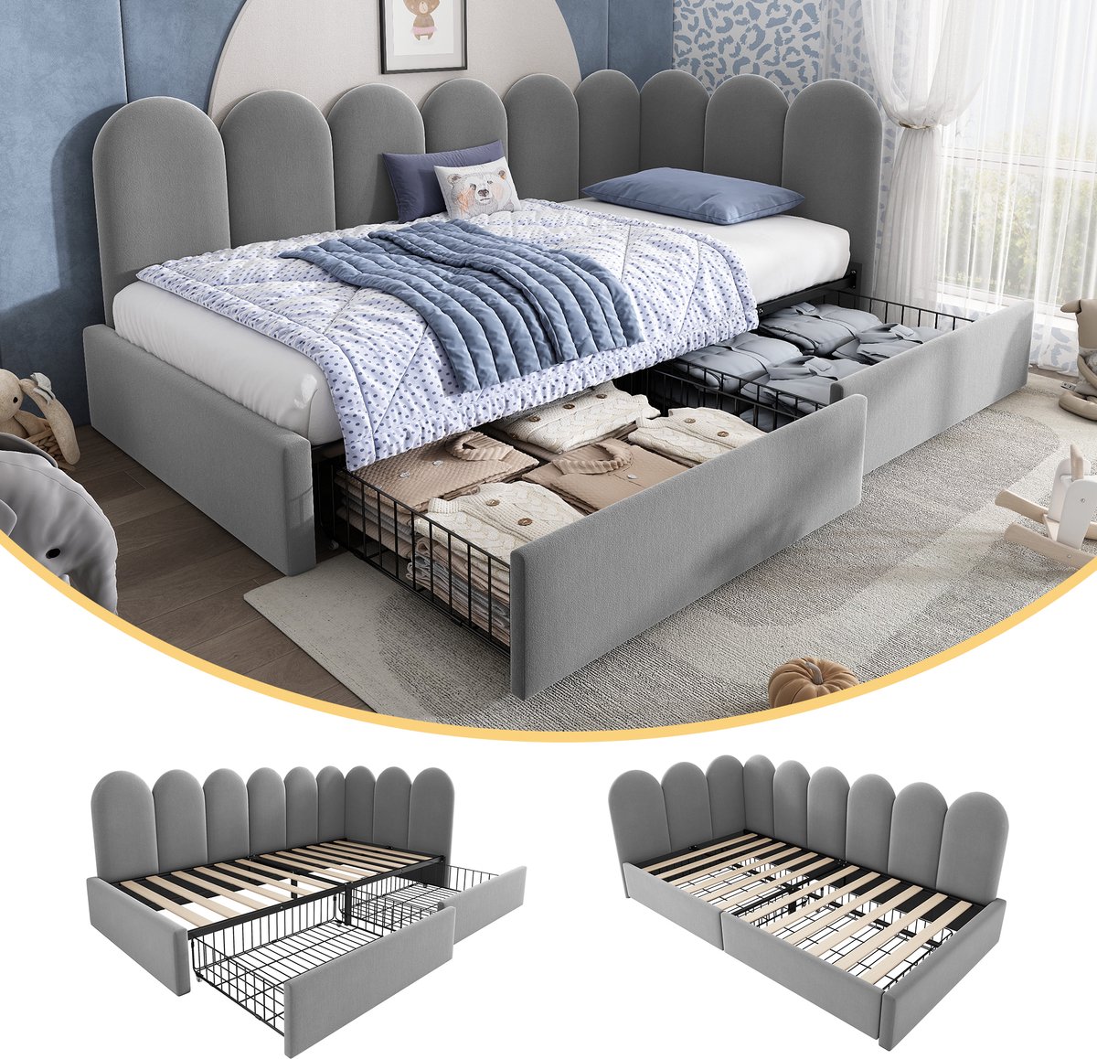 Gestoffeerd daybed met 2 lades en L-frame - 90x200 cm eenpersoons - Grijs fluweel - Uitwisselbare zijpanelen - Inclusief lattenbodem - Geschikt voor logeerkamers
