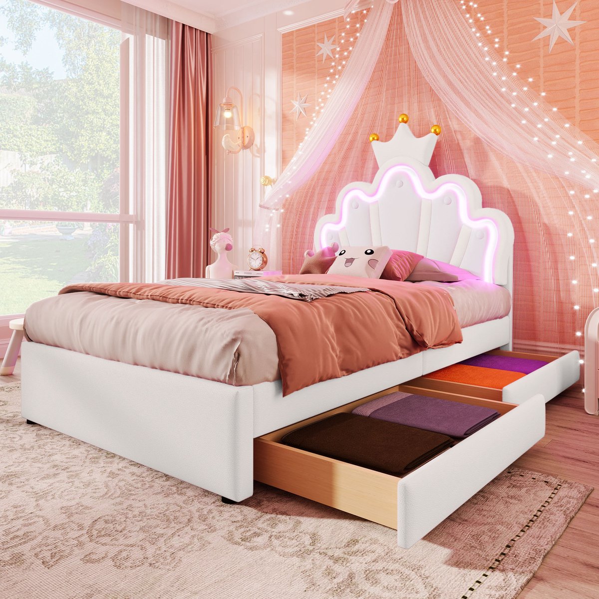 Gestoffeerd prinsessenbed met kroon - LED-sfeerverlichting en opberglades - 90x200 cm - 1 persoon - Wit - Verstelbaar hoofdbord - 16 kleuren LED-licht