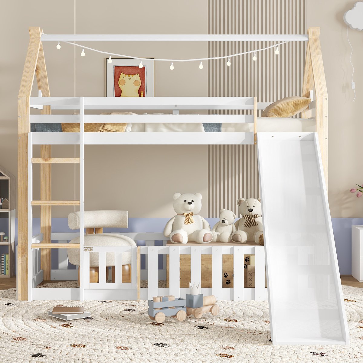 Kinder speelbed met glijbaan en dakontwerp - 90x200 cm - wit+natuur - omheinde speelruimte onder het bed - 3-traps ladder - FSC-gecertificeerd grenen en MDF
