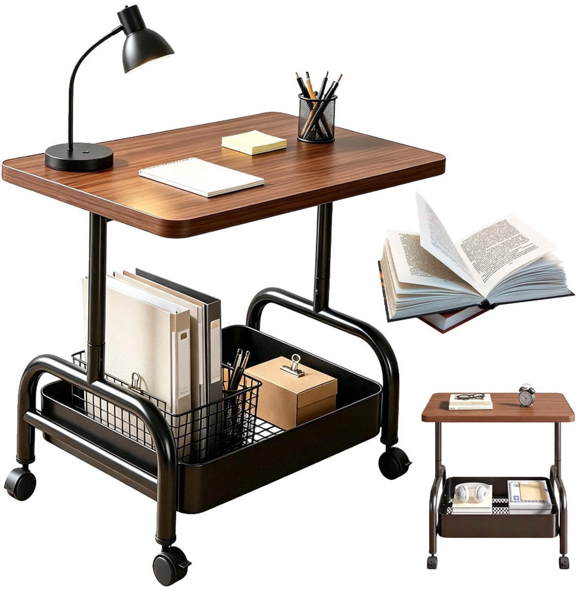 Bijzettafel 2 Lagen - Bijzettafel met Wielen - Verrijdbare Opbergrek - Bedtafeltje - Salontafel - Banktafel - 360° Stille Zwenkwielen - met Rem - Breed Tafelblad + Opbergmand - 45x30x52 cm - Voor Slaapkamer & Woonkamer