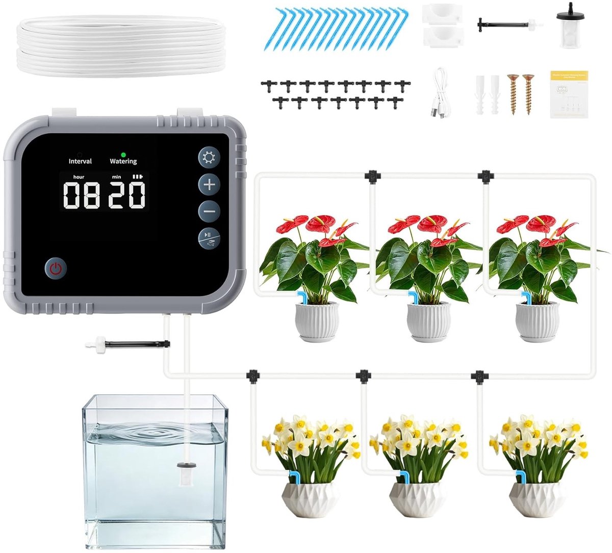 Automatisch Binnen Irrigatiesysteem met 350 Irrigatiemodi voor 15 Potplanten, Oplaadbare Drip Irrigatie met 2200 mAh voor Balkon en Huiskamer
