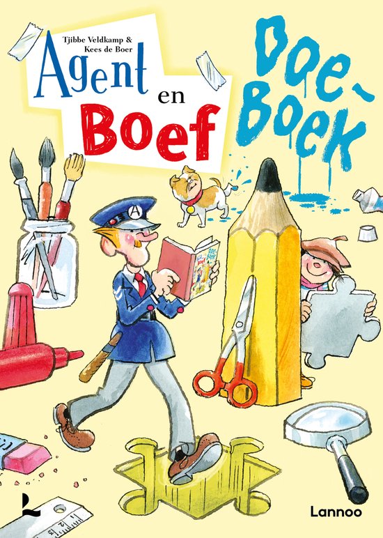 Boek 'Agent en Boef Doeboek' met een agent die een boekje leest, omringd door knutselspullen.