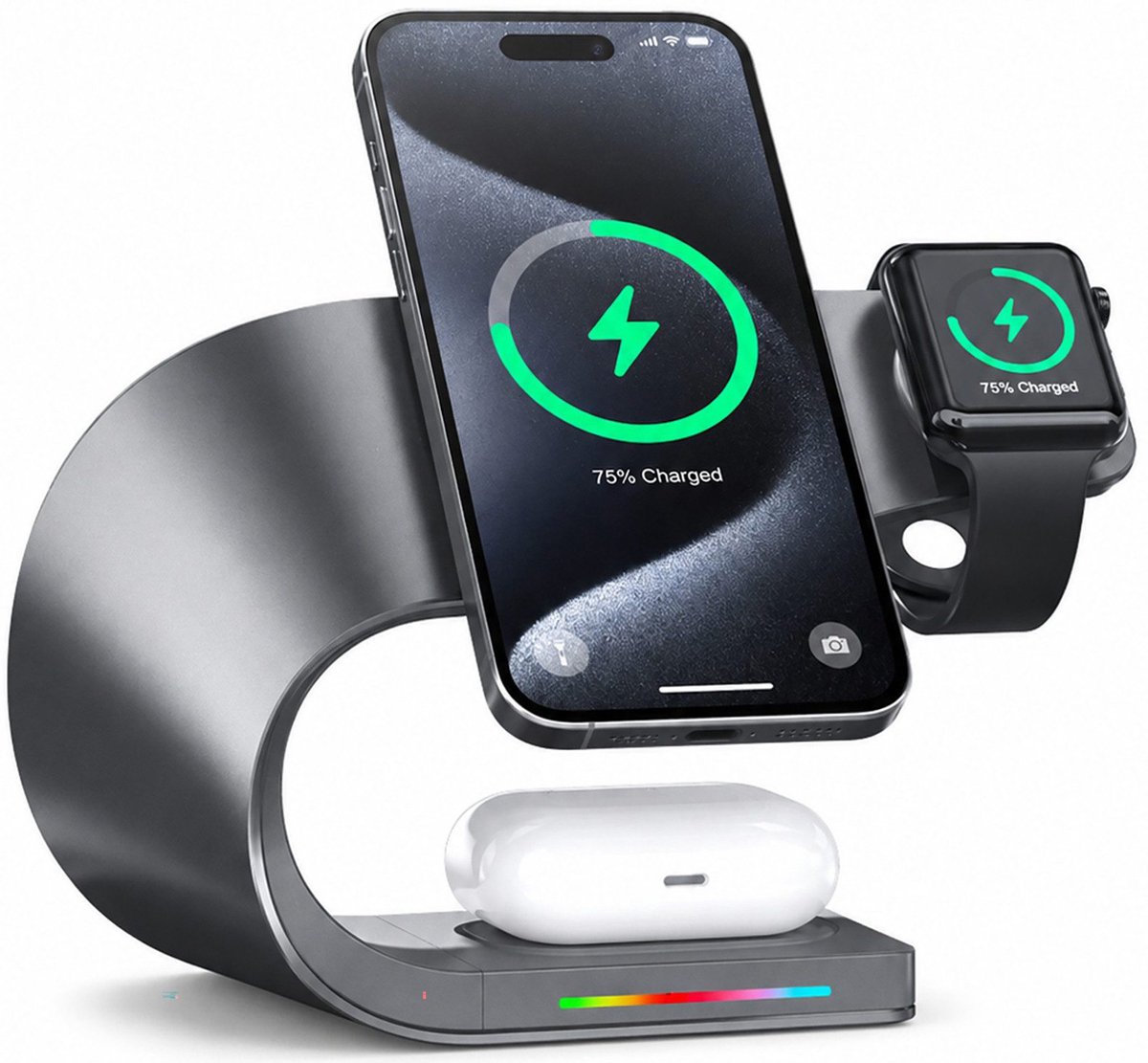 Draadloze oplader 4-in-1 – 15W snelladen, MagSafe-compatibel laadstation voor iPhone 12 t/m 17, Apple Watch & AirPods – USB-A, LED, aluminium