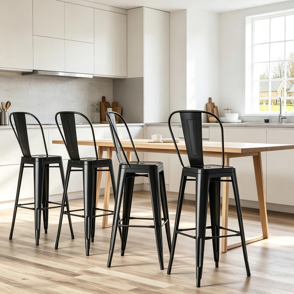 HAUSS SPOLE Barkrukken Industrieel Set van 4 Stapelbaar Met Rugleuning En Voetensteun Comfortabel Voor Keuken En Bar Metaal Zwart
