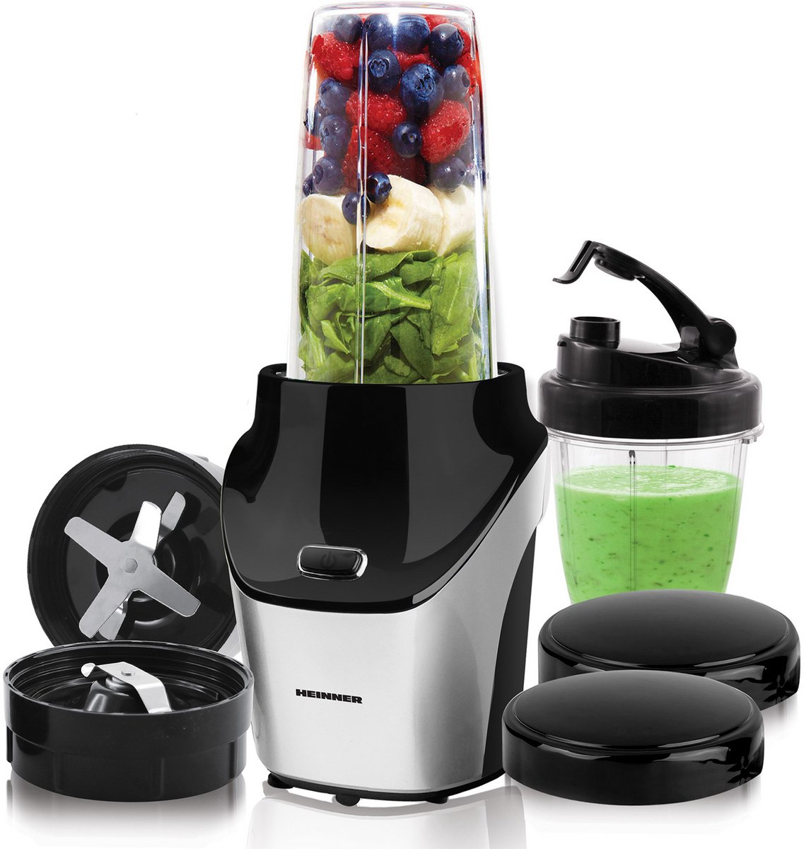 Heinner Sportblender – 1000W – 18.000 rpm – 0,45L & 1L Tritan Bekers – BPA-vrij – RVS Messen – Grinder – Pulse Functie – Zwart/Inox