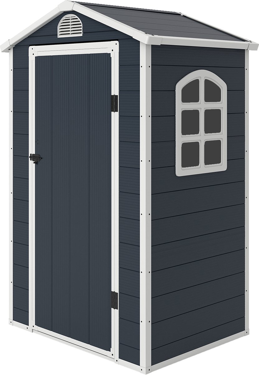 Tuinhuisje 1 - 1 m² - gereedschapsschuur met zadeldak - 134 x 104 x 204 cm - kunststof tuinhuisje met afsluitbare deur - ventilatieopening en raam - donkergrijs tuinhuis
