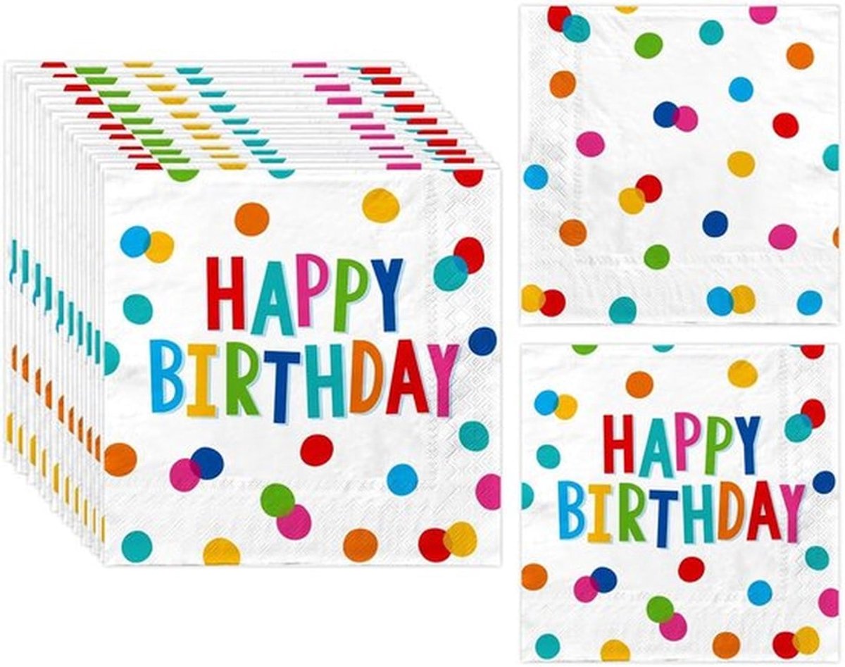 Feestservetten 20 stuks - Happy Birthday - Kleurrijk Stippendesign - Verjaardagsdecoratie - Tafeldecoratie - Ideaal voor Verjaardagsfeest - Verjaardagsservetten