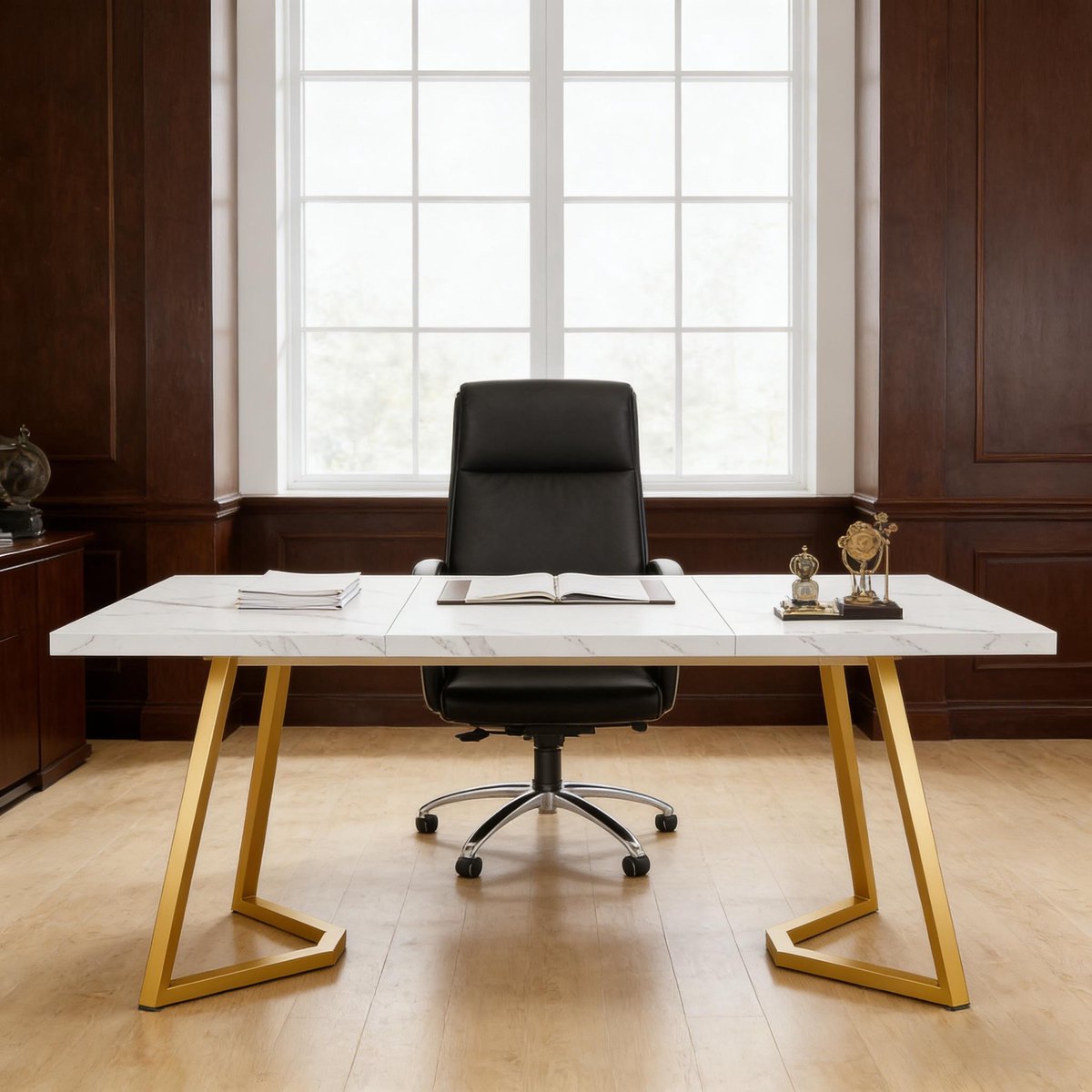 Wishdor Bureau - Modern design - Wit en goud - Metalen onderstel - Houtlook blad - 140 x 80 x 75 cm - Voor thuiswerkplek en woonkamer - Voor volwassenen