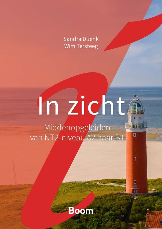 Boek "In zicht" met een vuurtoren aan zee. Van Sandra Duenk en Wim Tersteeg. Boom.