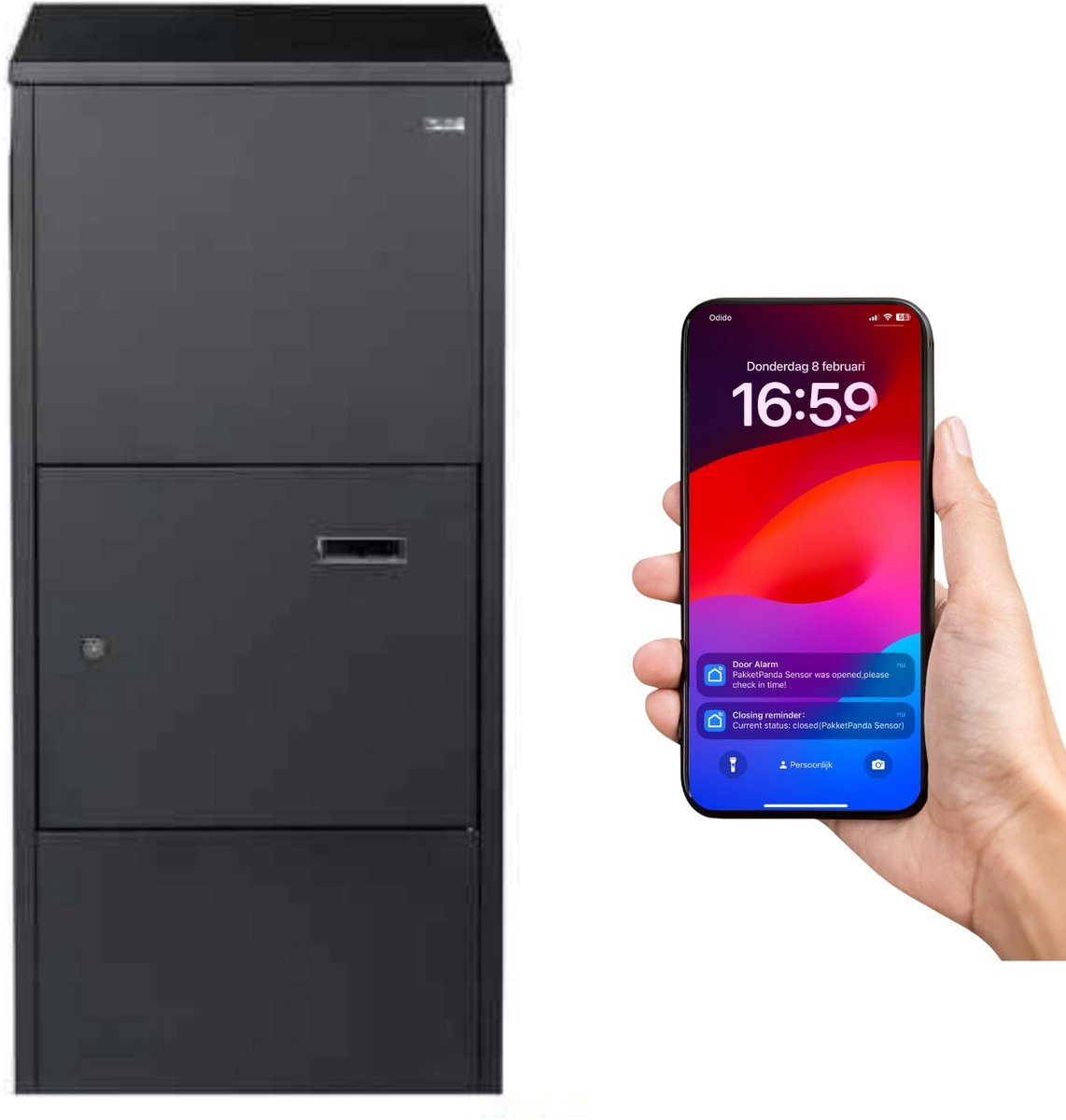 Pakketbrievenbus met app slim XXL pakketbox waterdicht afsluitbaar RVS 108 liter zwart