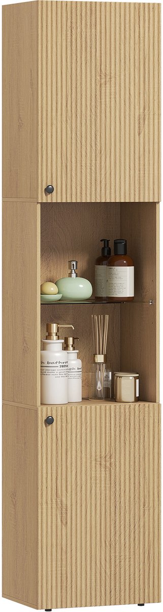 TEKROA® Badkamerkasten - met 6 planken - 2 deuren - open vakken - plank van gehard glas - verstelbare planken - 40L x 31P x 182H cm - Lichtbruin