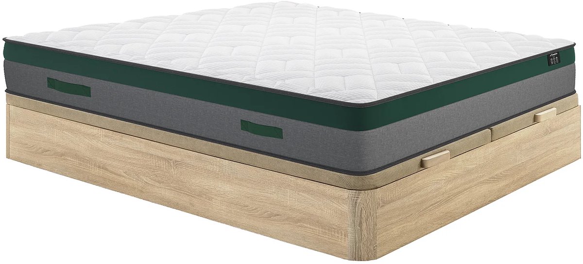 Vente-unique Set matras en lattenbodem 180 x 200 cm - Met opbergruimte natuurlijk licht + matras met pocketveren en dikte 22 cm - van YSMÉE PRESTIGE