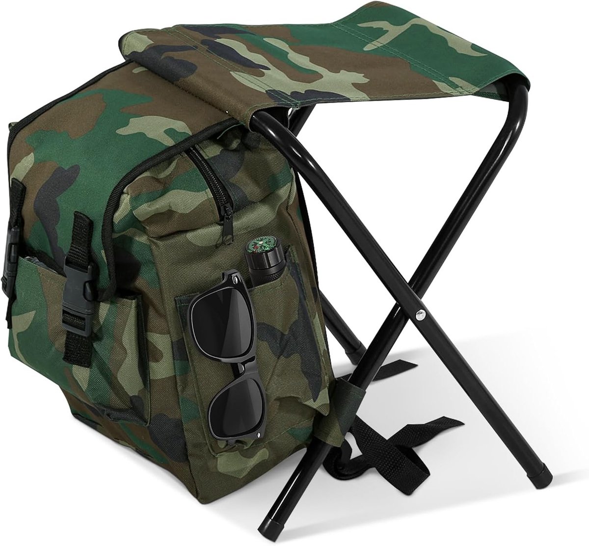 Vouwbare Campingstoel met Rugzak en Tas - Lichtgewicht Stoel voor Vissen, Strand en Outdoor Activiteiten - Camouflage Ontwerp, Ideaal voor Kamperen en Wandelen