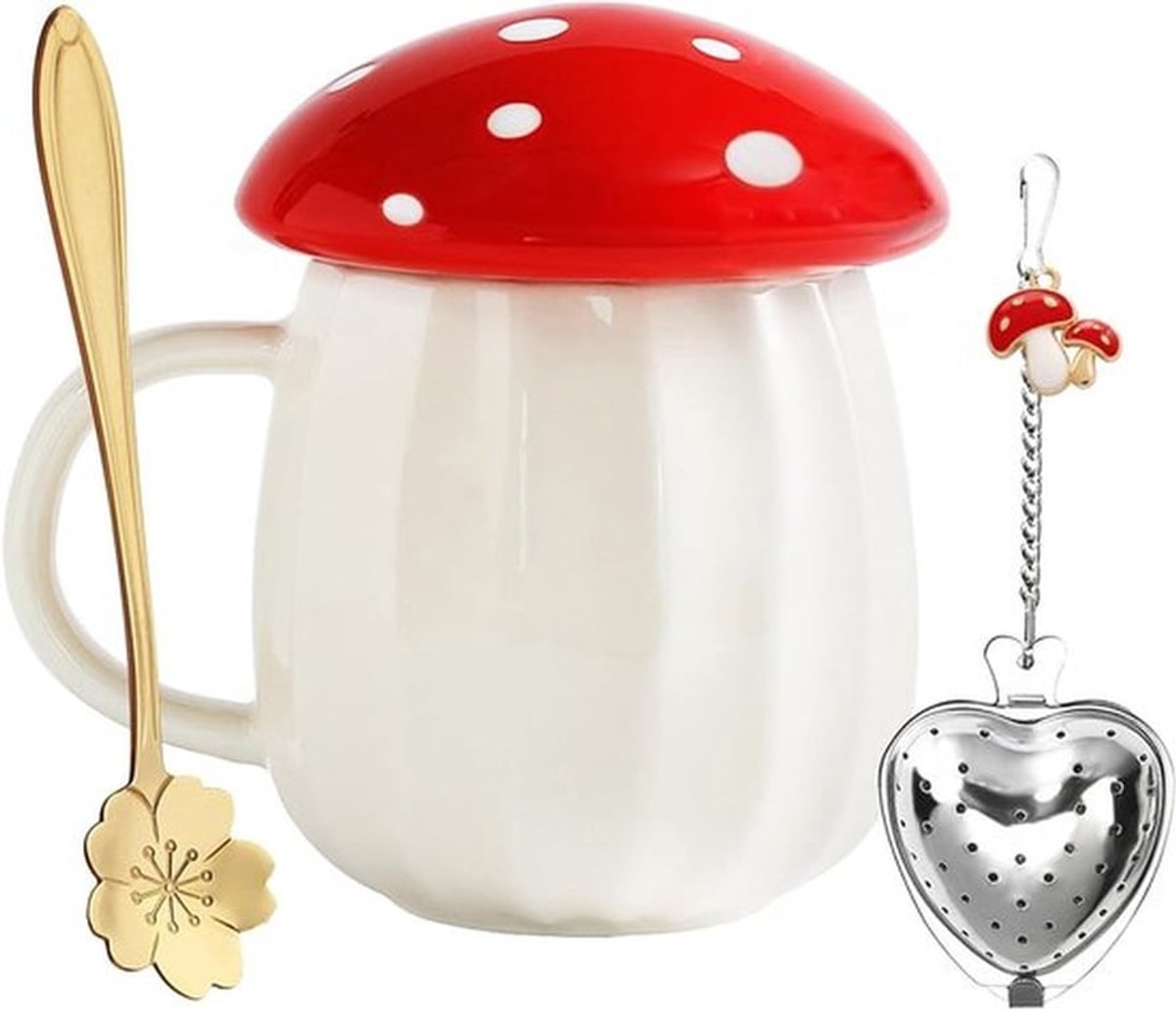 Schattige Paddenstoel Mok Set - Theekop met Deksel voor Koffie en Melk - Perfecte Cadeaus voor Vrouwen en Meisjes, Thuisaccessoire voor Koffieliefhebbers