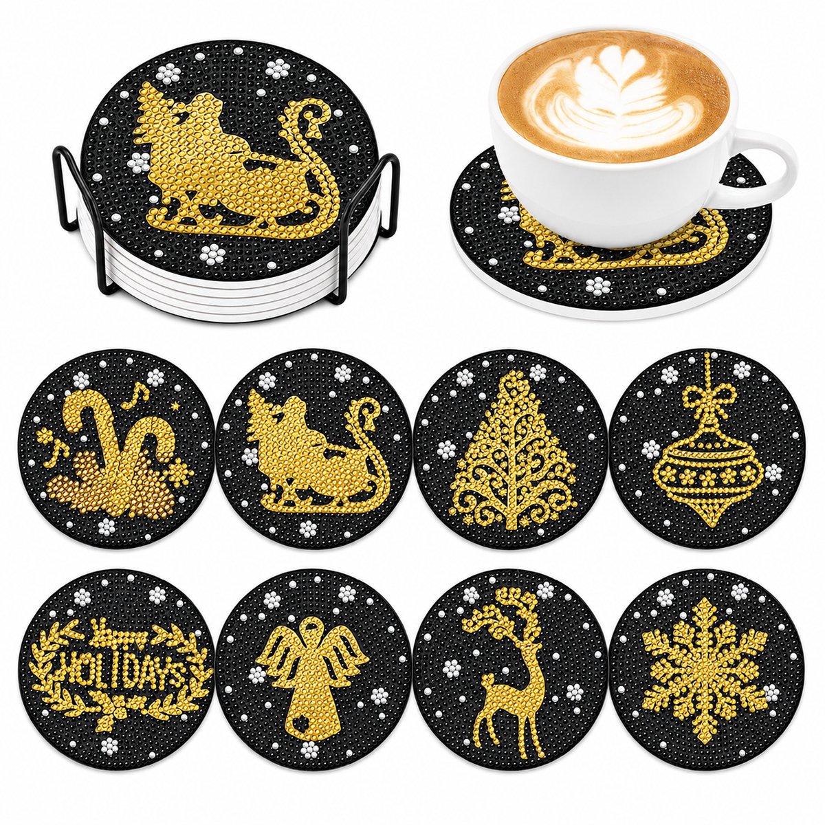 YYchan DIY Diamond Painting Onderzetters Set - 8 Stuks met Houder - Handgemaakt & Hittebestendig - Pakket Volwassenen en Kinderen - Kerstslee