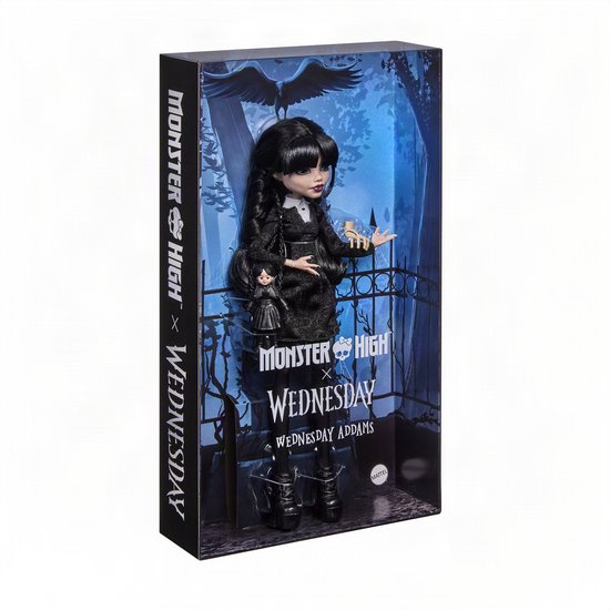 Monster High x Wednesday verzamelpop - Wednesday Addams in zwarte jurk met Thing als accessoire van Monster High — afbeelding 3