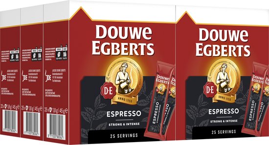 Grote rode verpakking Douwe Egberts Espresso met 25 individuele staafjes.