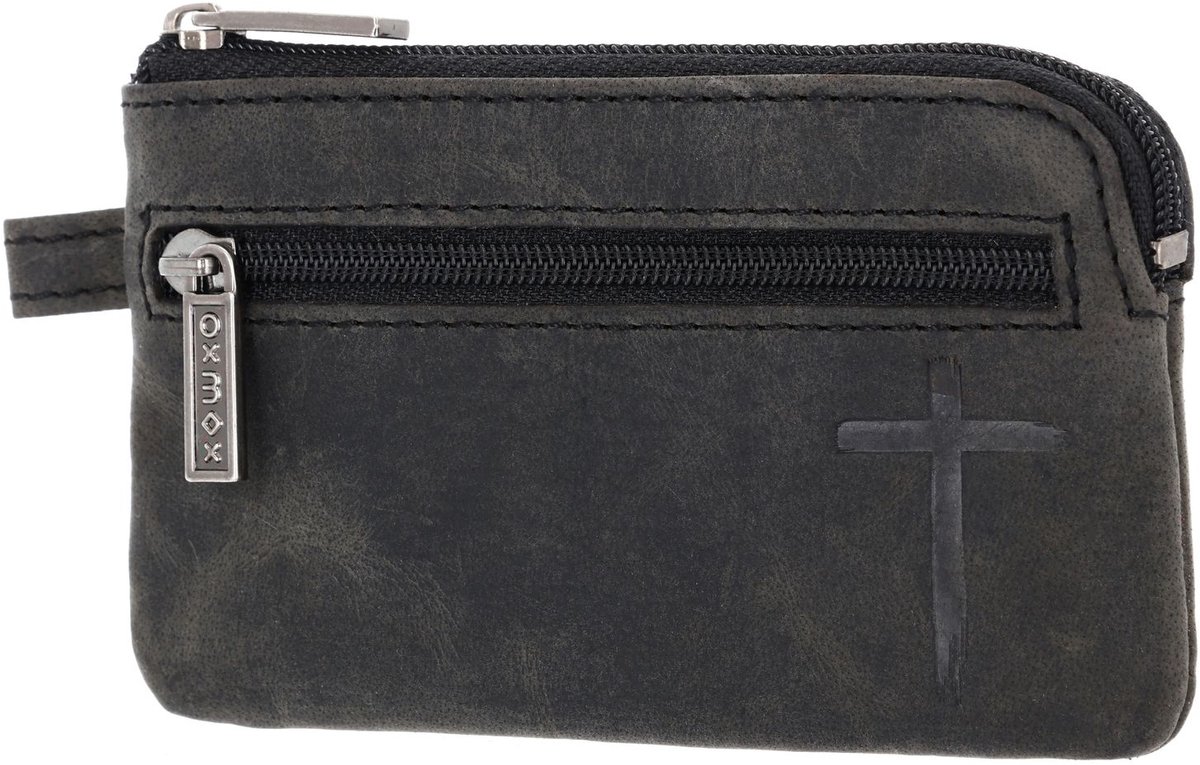 oxmox Leren sleutelgeval Leather Keyholder Freedom Cross Embossed Vintage Black zwart