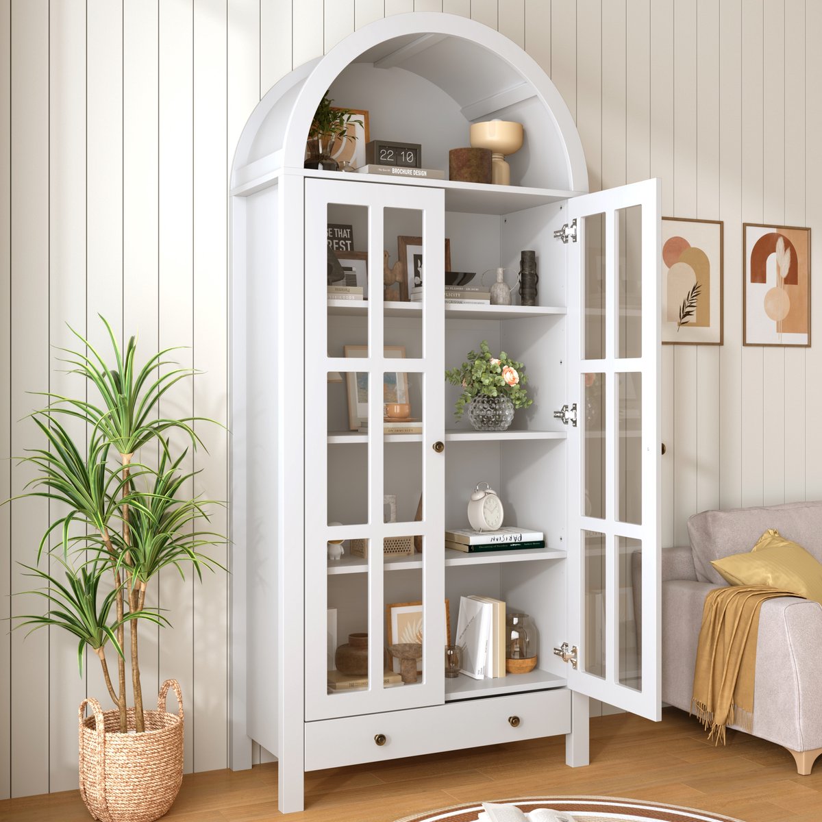 OKWISH Vitrinekast Boogvormig Met Verstelbare Planken En Lade Witte MDF Kast Met Acryl Deuren Voor Woonkamer 75x35x170,5 Cm