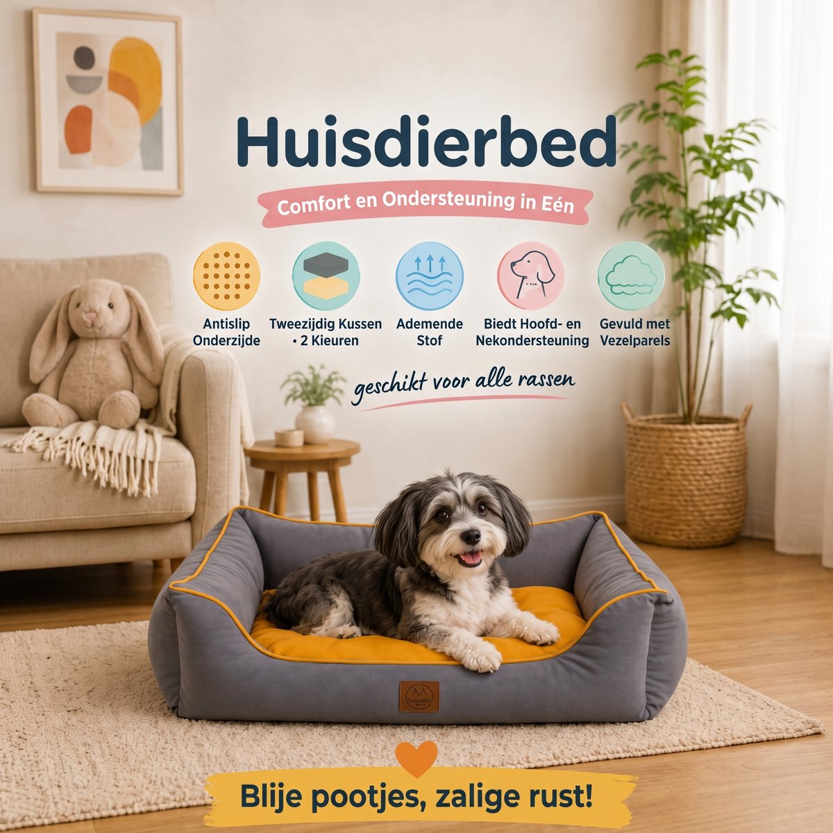 INDECOR Hondenbed - Hondenkussen - Wasbaar Hondenbed met Antislip Bodem - Zacht & Comfortabel Hondenkussen - Hondenmand voor Kleine & Middelgrote Honden - Grijs-Mosterd