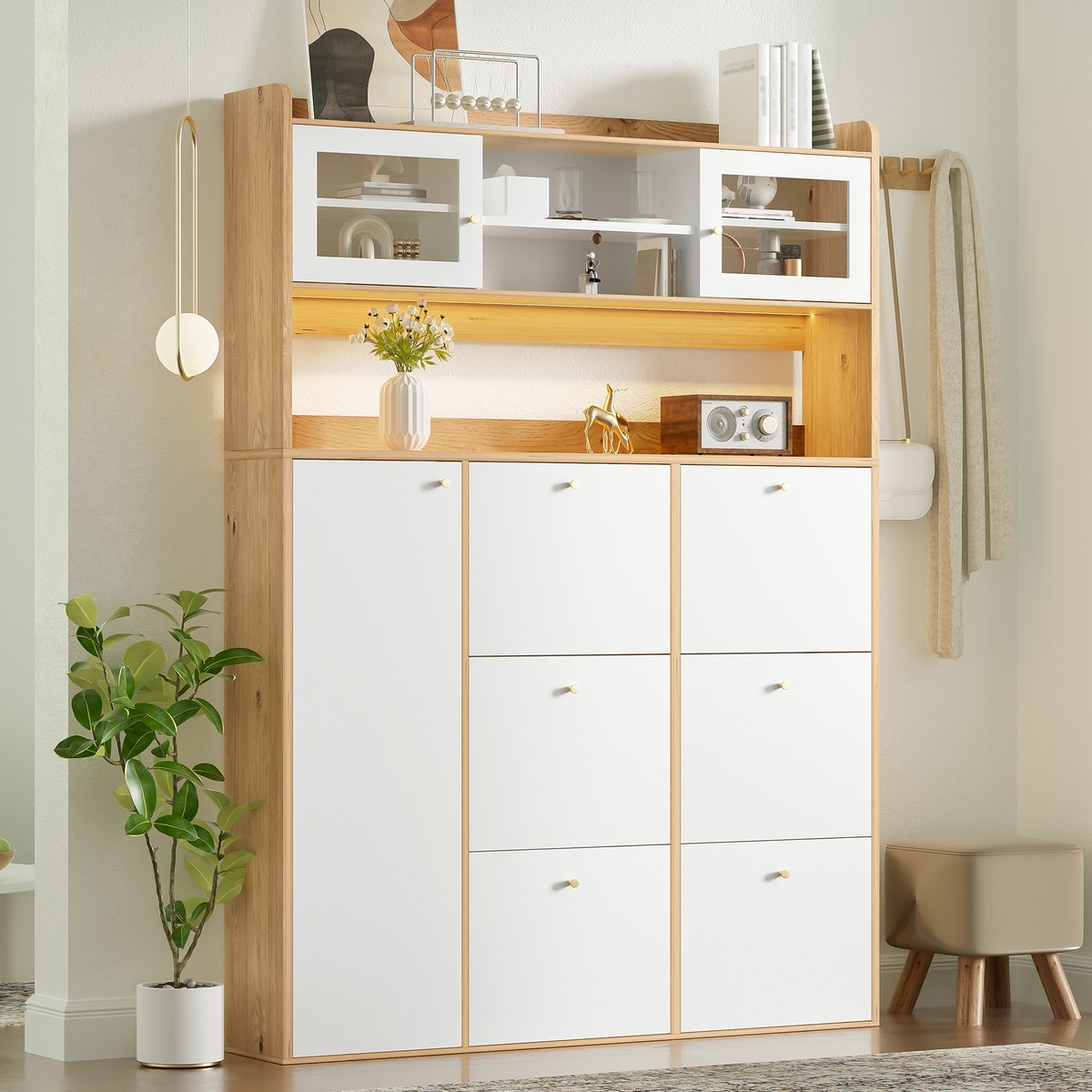 Schoenenkast Met Glas En Led Verlichting - Smalle Staande Schoenenkipper Met 6 Kippvakken En 1 Deur - 130x25x180 Cm - Wit Natuurlijk