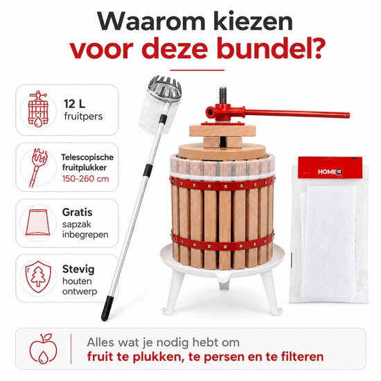 HOME It® Fruitpers Set 12L + Telescopische Fruitplukker 150-260 cm & Gratis Sapzak - Voor Sap & Cider van home-it — afbeelding 4