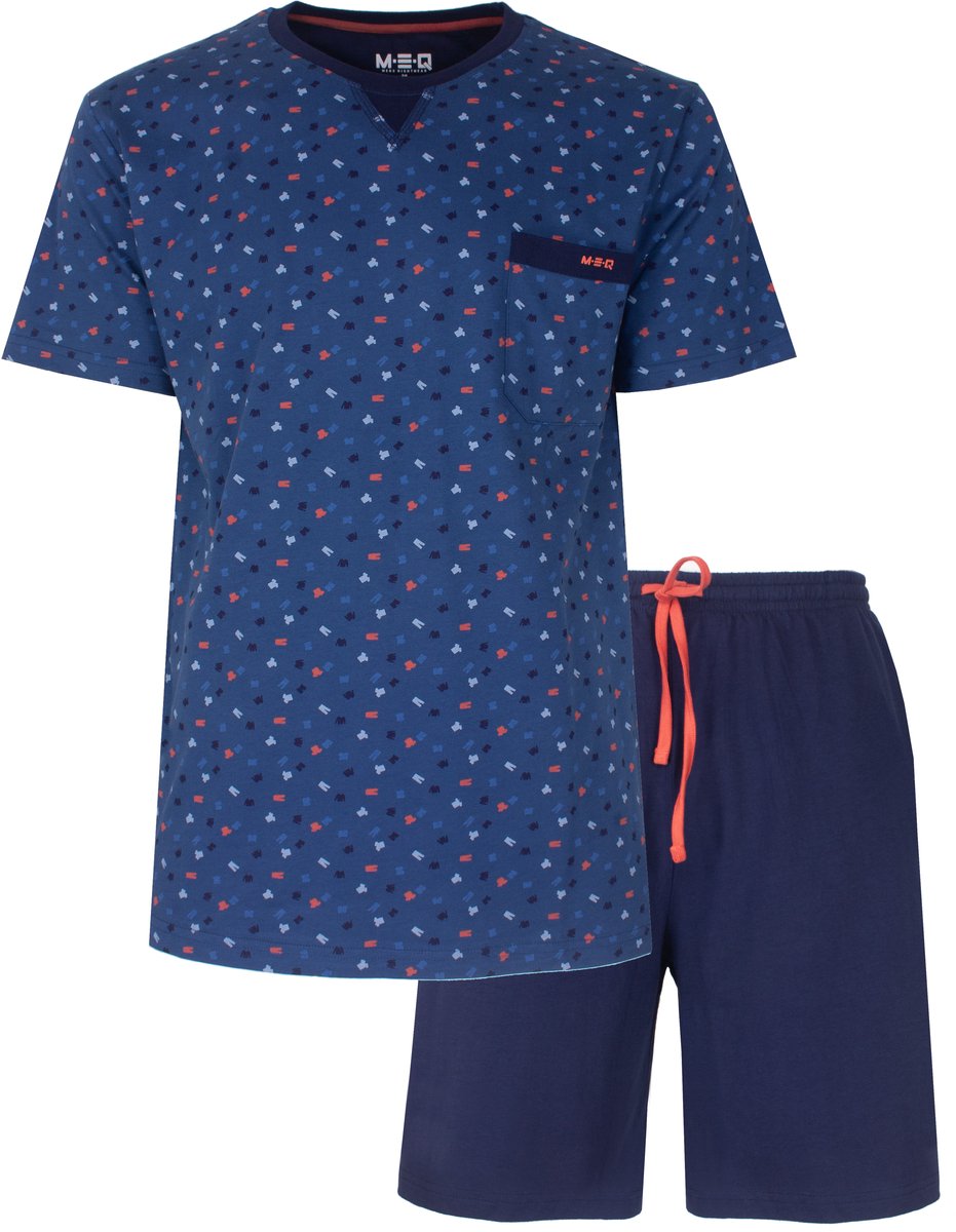 MEQ Heren Shortama - Geprint Dessin - Ronde Hals - Blauw - Maat L