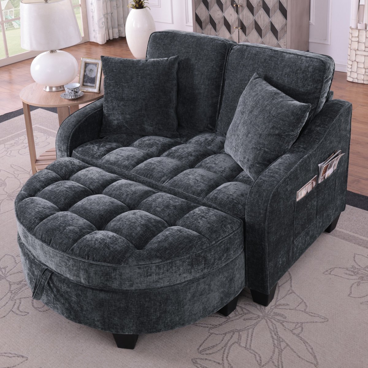 PHOEBE CAT Bank - Slaapbank - Inclusief 2 kussens - Met opbergvoetbank - Chenille-stof - Houten frame - Zwart