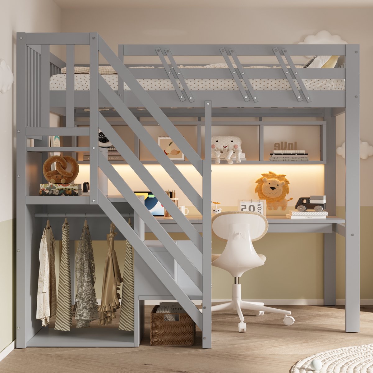 MIVRAY Hoogslaper 90x200 Cm Zonder Matras - Kinderbed Met Bureau En Opbergruimte - Met Trap, LED En USB - Voor Kinderkamer - Hout - Grijs