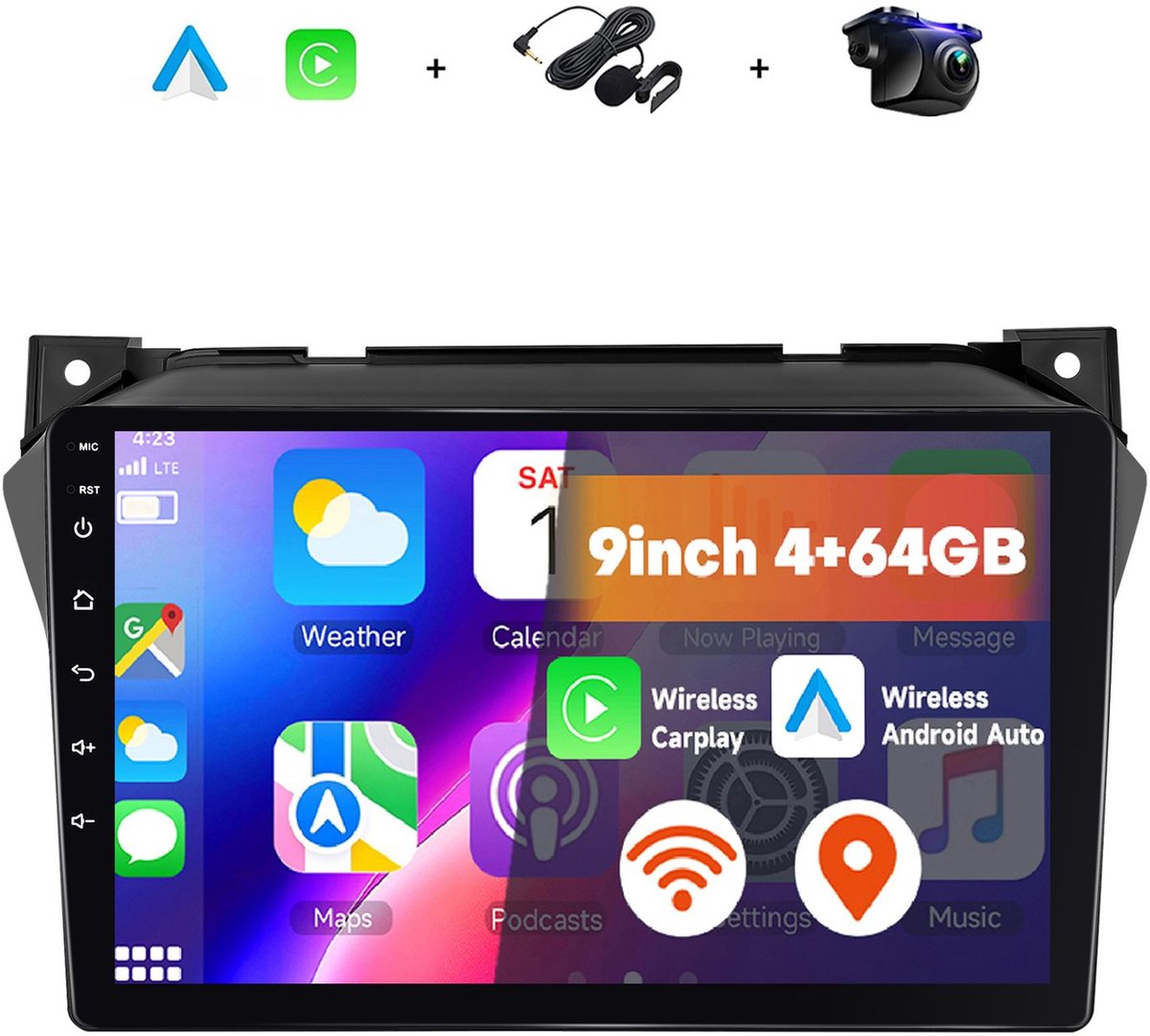 Boscer 2 Din Android 15 Autoradio - Geschikt voor Suzuki Alto 2009 - Draadloos Apple Carplay & Android Auto - 4+64GB - 9 Inch HD IPS Touchscreen - GPS Navigatie - WIFI, Bluetooth & USB - Achteruitrijcamera & Microfoon