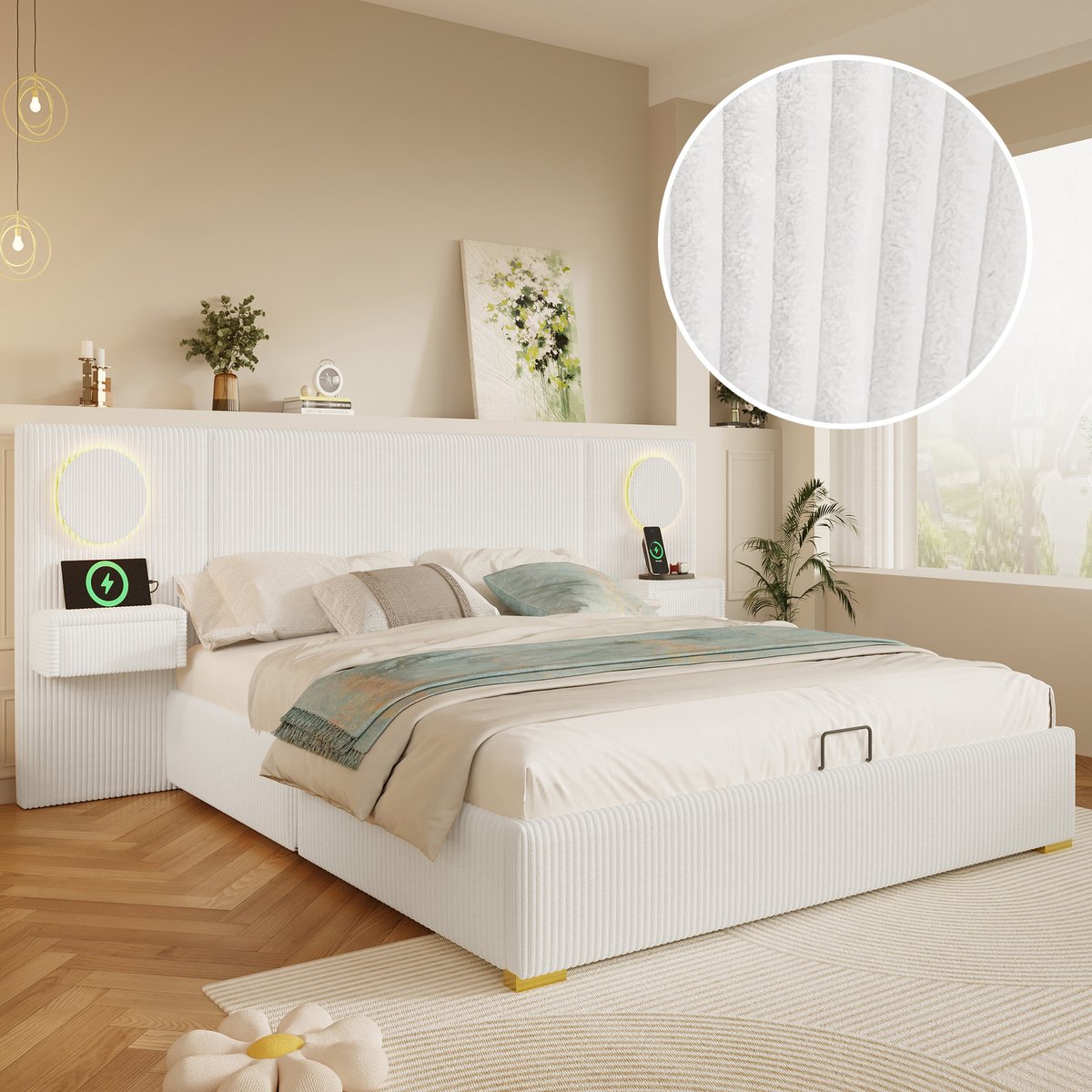 OKWISH Tweepersoonsbed 180x200 cm Beige Zonder Matras Met LED Hoofdbord USB Aansluitingen En Hydraulische Opbergruimte Fluweel Moderne Stijl